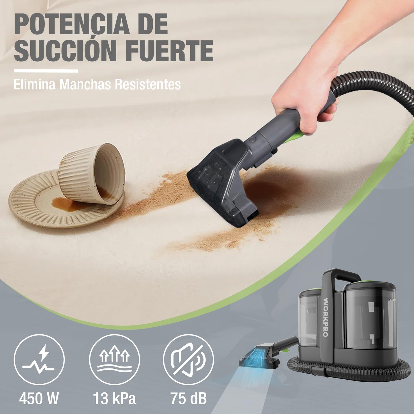 WORKPRO Aspiradora de Agua Tapiceria, Limpiador de Tapicerias de 450W, Aspiradora para Alfombras con Detergente, Limpia Moquetas, Maquina Aspirador para Tapicerias, Sofá, 75 dB