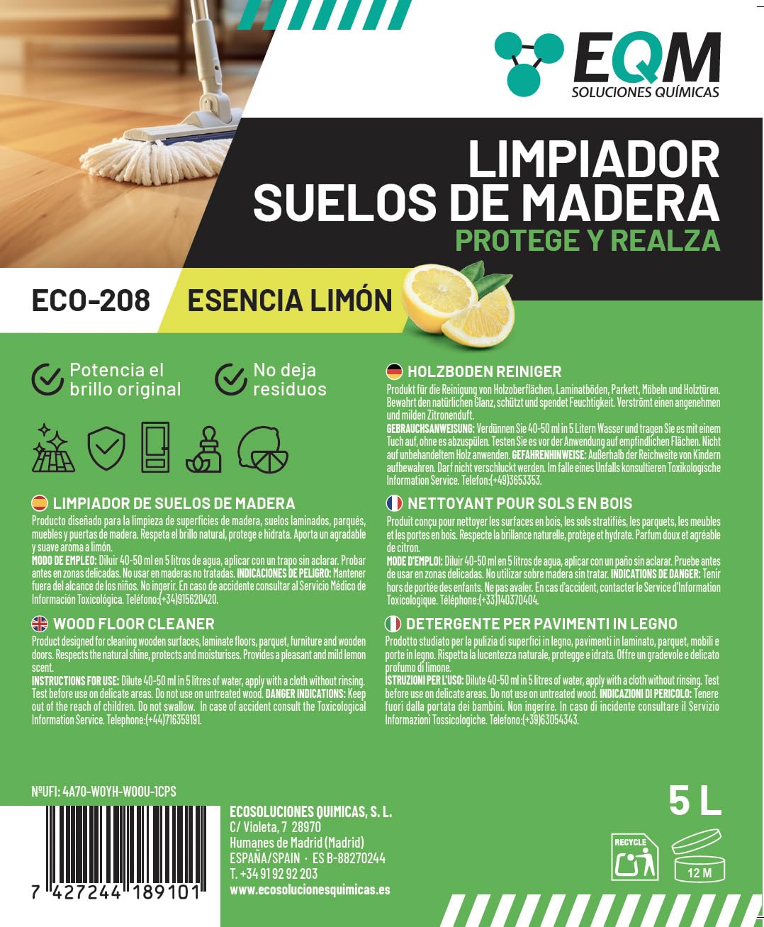 EQM - ECO-208 - Limpiador de Suelos de Madera - 5L - Limpia, Protege e Hidrata – Suelos de parquet, tarima y laminados – También válido para muebles, puertas y armarios