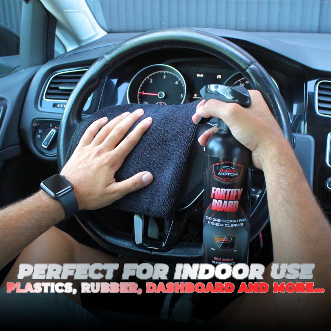 BassMotor Limpiador Salpicaderos y Plasticos Interiores de Coche - Fortify Board 500ml + Bayeta Premium, El embalaje puede variar