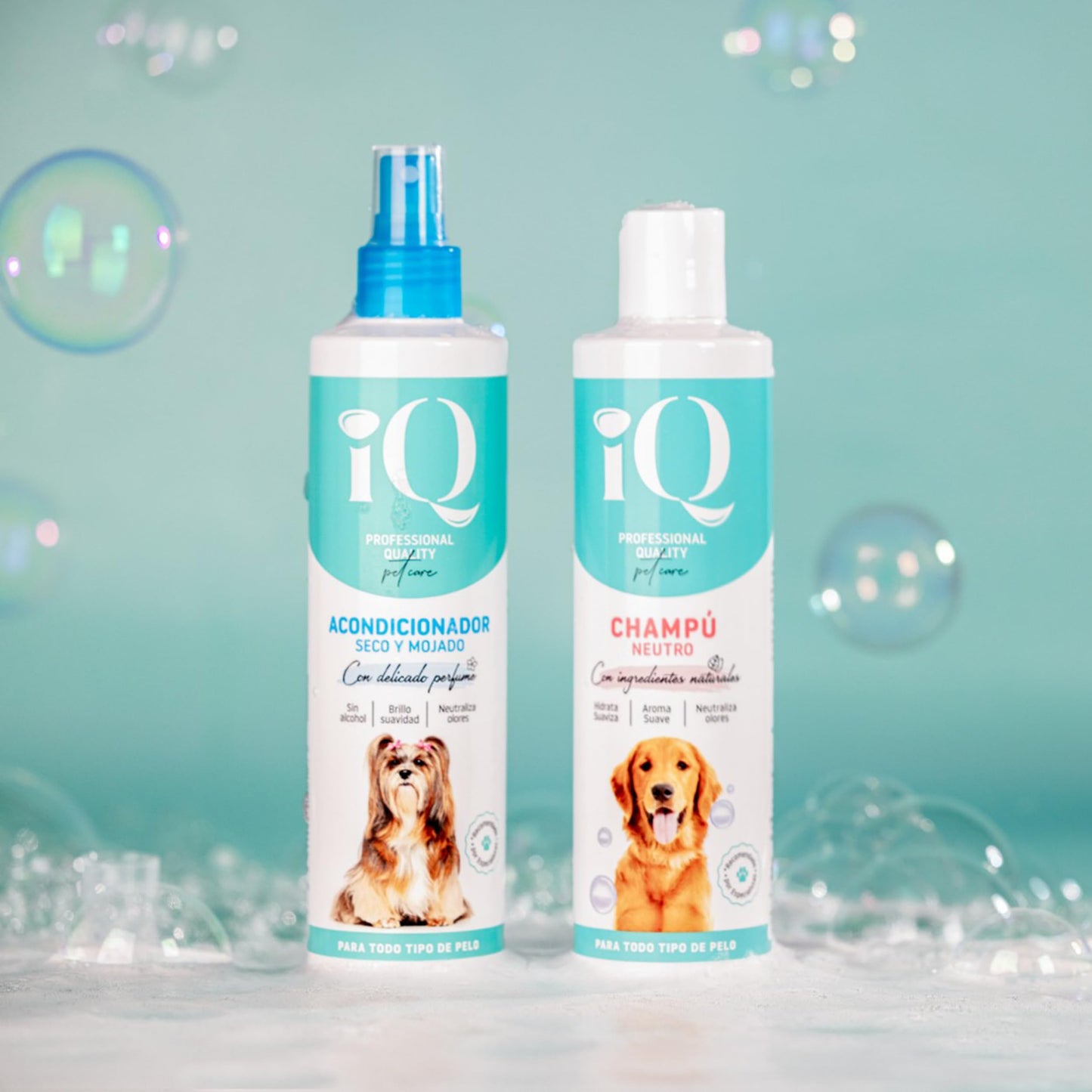 iQ Pet Care - Pack Champú Neutro + Acondicionador Desenredante para Mascotas | Cuidado Completo para Todo Tipo de Pelo y Raza de Gato y Perro | Incluye Dispensador de Bolsas - 600 ml