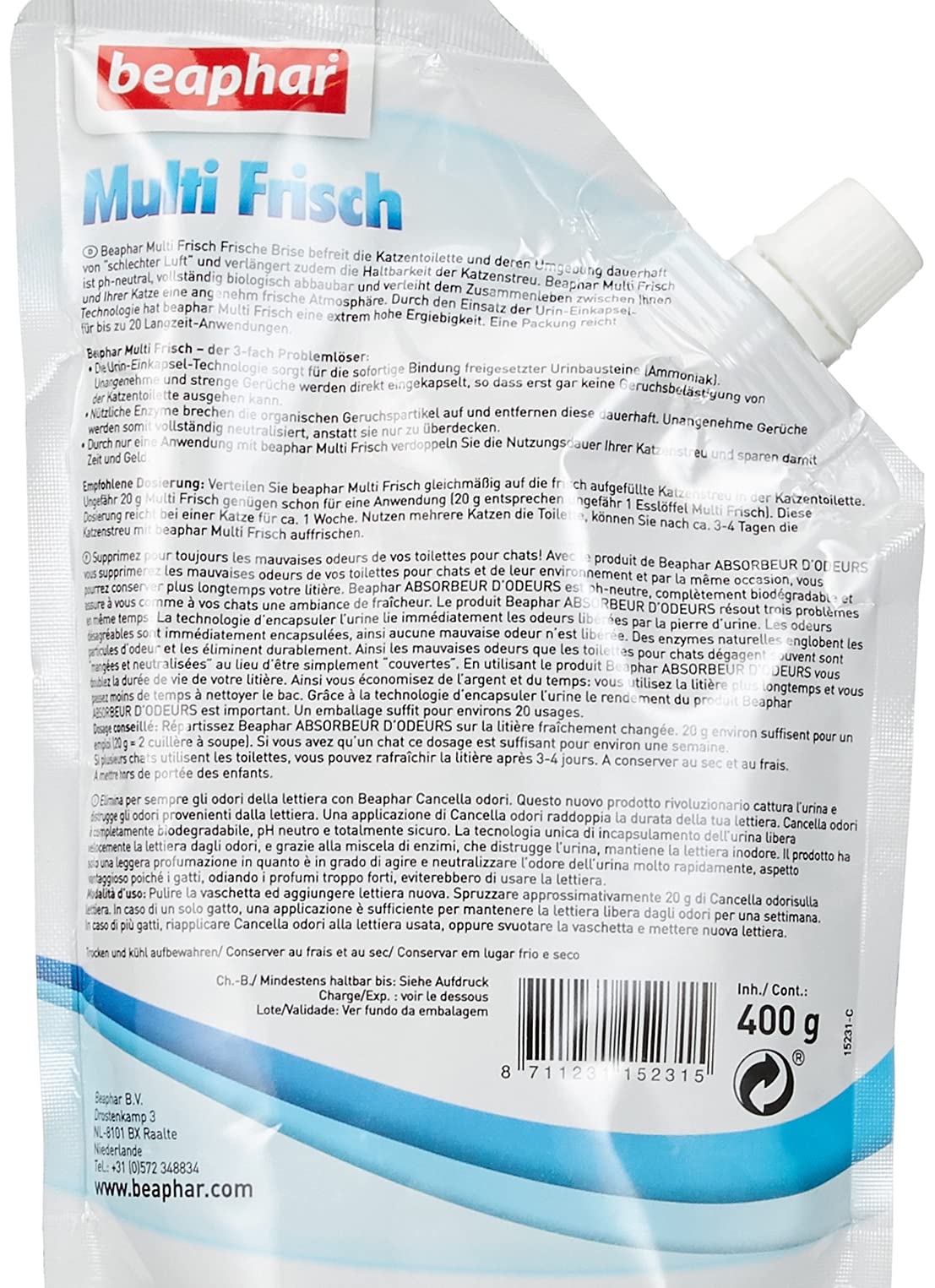 Beaphar Multi Fresco – neutralizador de olores para Gatos – Prolonga la Vida útil de la Arena para Gatos – Fragancia después de la Brisa Fresca – 400 g