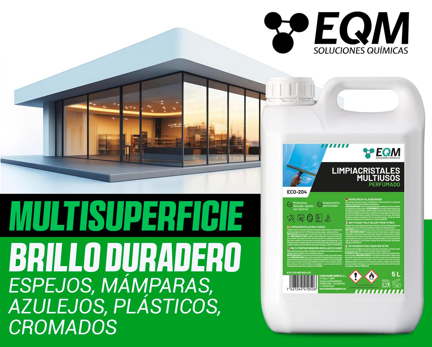 EQM - ECO-204 - Limpiacristales Multiusos Profesional - 5L - Limpieza Rápida, Sin Rastros Ni Marcas - Aroma fresco y envolvente