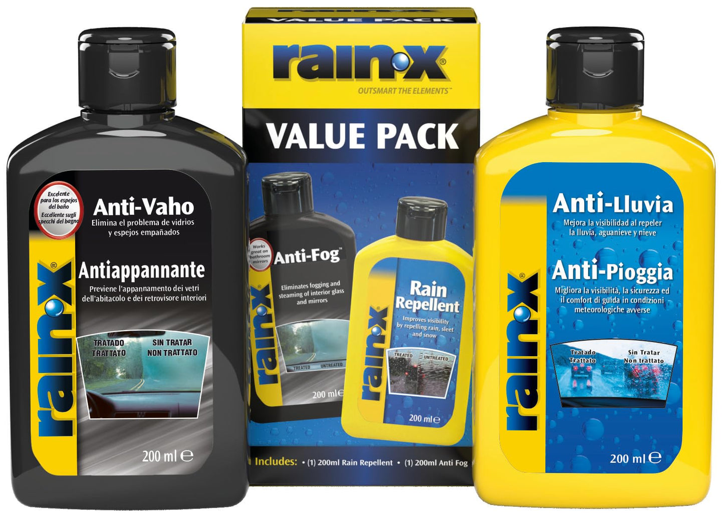 Rain-X Pack Tratamiento Antilluvia Parabrisas y Antivaho Coche Interior Parabrisas y Ventanas, Apto para Cristales Baño, 200 ml