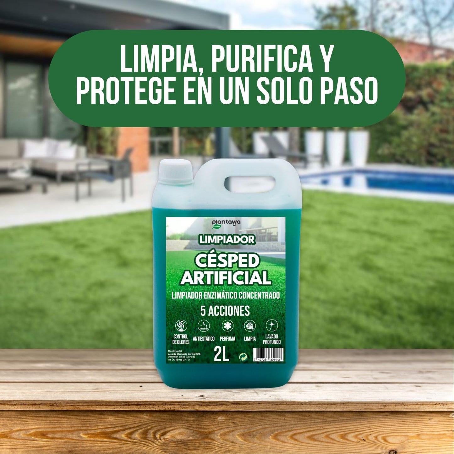 PLANTAWA Limpiador Césped Artificial 2L | Limpia Césped Artificial y Setos | Aroma Fresco y Limpieza Profunda | Multiacción: Control de Olores, Antiestático, Perfume Duradero