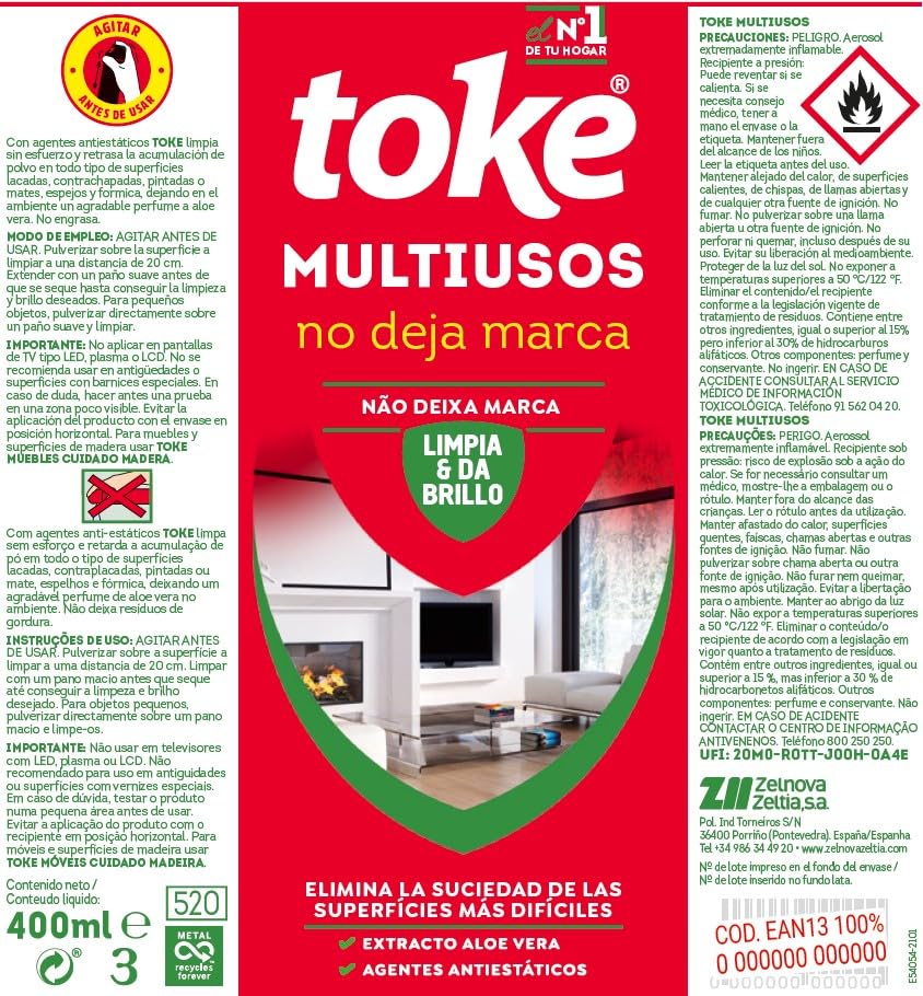 TOKE | Limpiador Multiusos | Elimina la Suciedad de las Superficies más Difíciles | Contiene Extracto de Aloe Vera | No Engrasa, Limpia y da Brillo | 400 ml