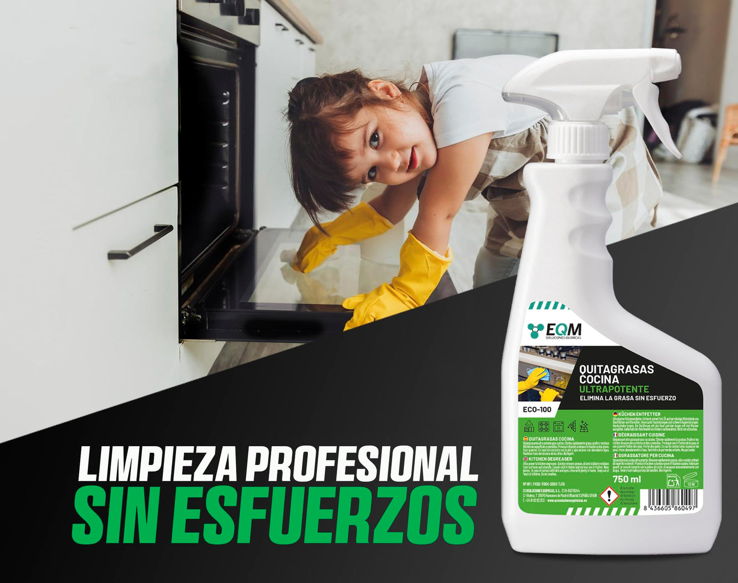 EQM - ECO-100 - Desengrasante Concentrado para Cocinas - 750 ML - Disuelve todo tipo de grasas, incluso las más rebeldes - Altamente eficaz - Superficies siempre limpias y cuidadas