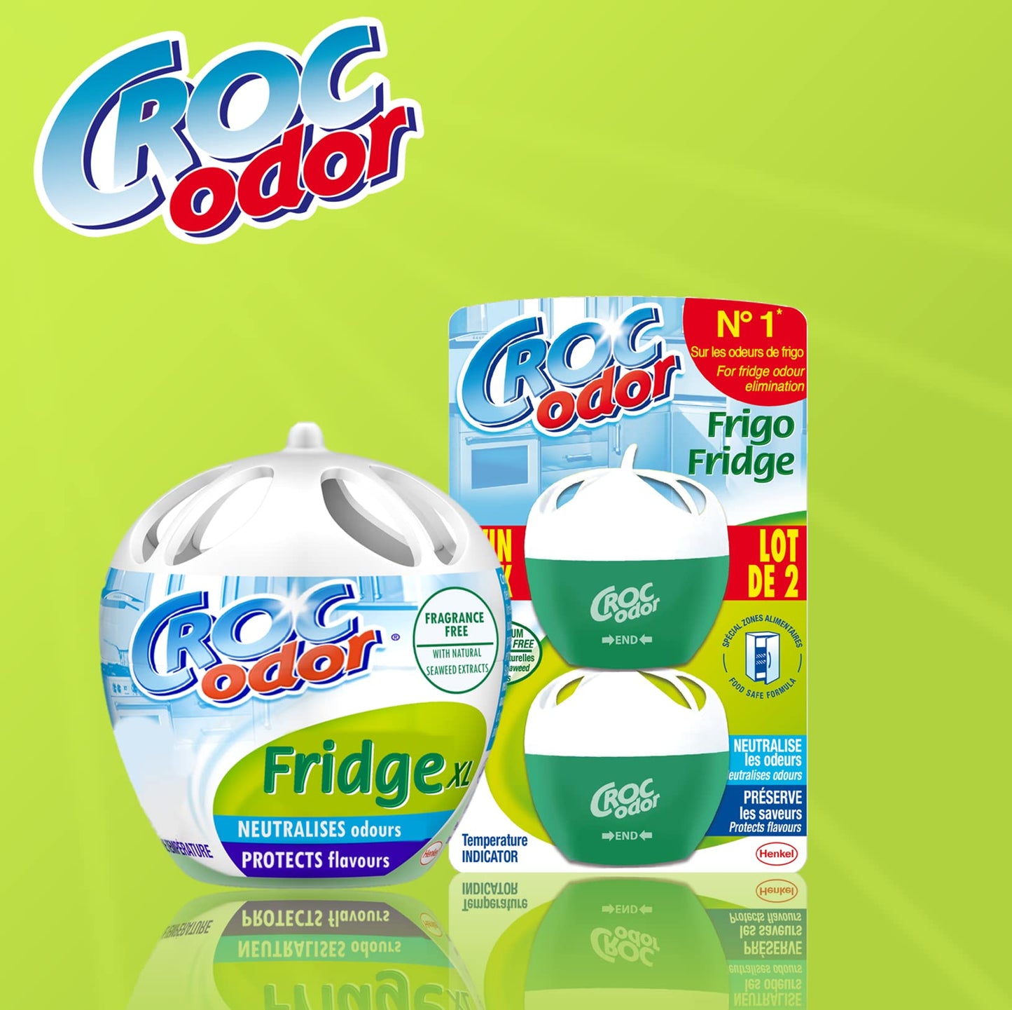 Ambientador para nevera Croc Odor, juego de dos, sin perfume, seguro para los alimentos, con indicador de temperatura, 2 x 33 g, el embalaje puede variar