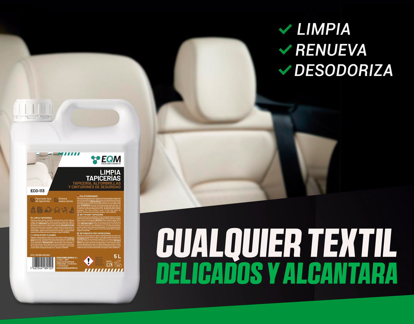 EQM - ECO-113 - Limpia Tapicerías Coche Profesional - 5L - Tela, Cuero y Alcantara - Elimina Manchas y Malos olores - Ideal para alfombras, tapicerías, moquetas, Cinturones de Seguridad
