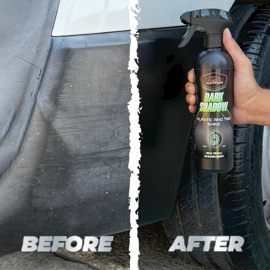 BassMotor Abrillantador de Plástico y Neumáticos Coche Moto Restaurador Gomas Viejas Recupera Brillo Interior y Exterior para Abrillantado en Casa - Dark Shadow 500ml + Esponja Premium