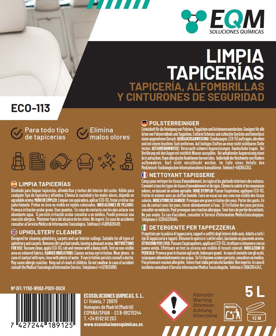 EQM - ECO-113 - Limpia Tapicerías Coche Profesional - 5L - Tela, Cuero y Alcantara - Elimina Manchas y Malos olores - Ideal para alfombras, tapicerías, moquetas, Cinturones de Seguridad