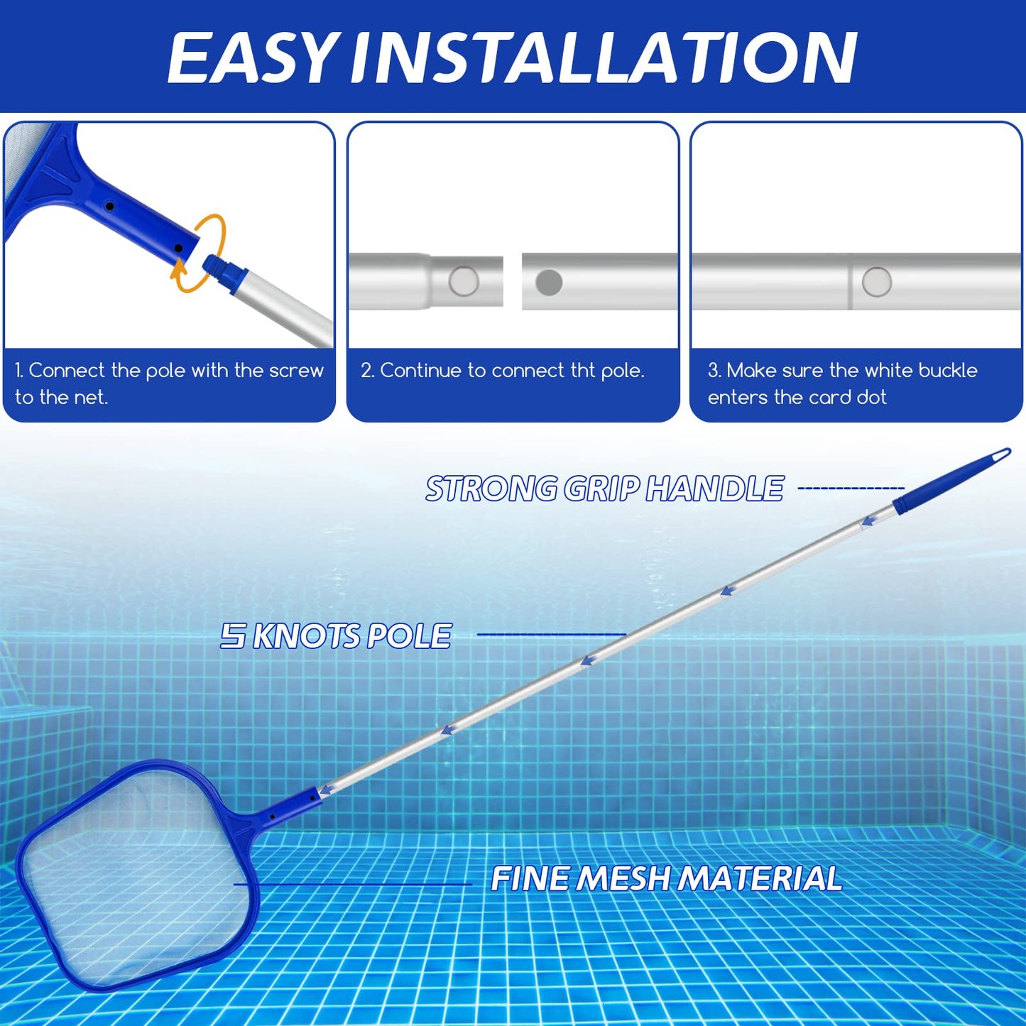 Jsdoin Recogehojas para Piscinas Profesional,Kits de Skimmer Piscinas con 1.2m Barra Telescópica para Spas, Natación, Pozos, para Piscinas Claras, Leaves Y Debris