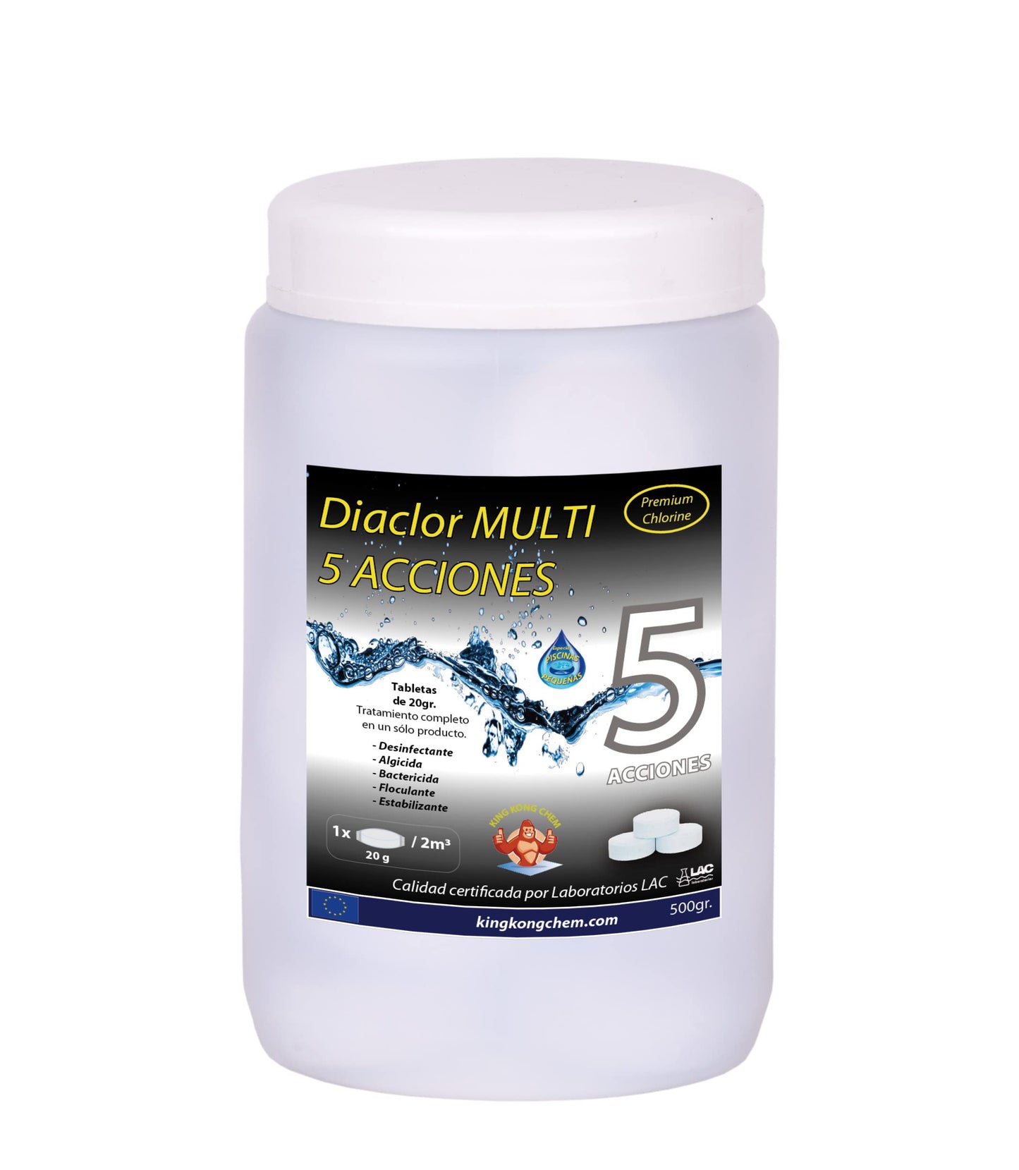 Kit Cloro Piscinas Pequeñas DIACLOR Multi 5 ACCIONES 500 GR (Pastillas 20 GR) SIN Cobre + Antialgas DIAQUAT SPA 500 ML + DOSIFICADOR