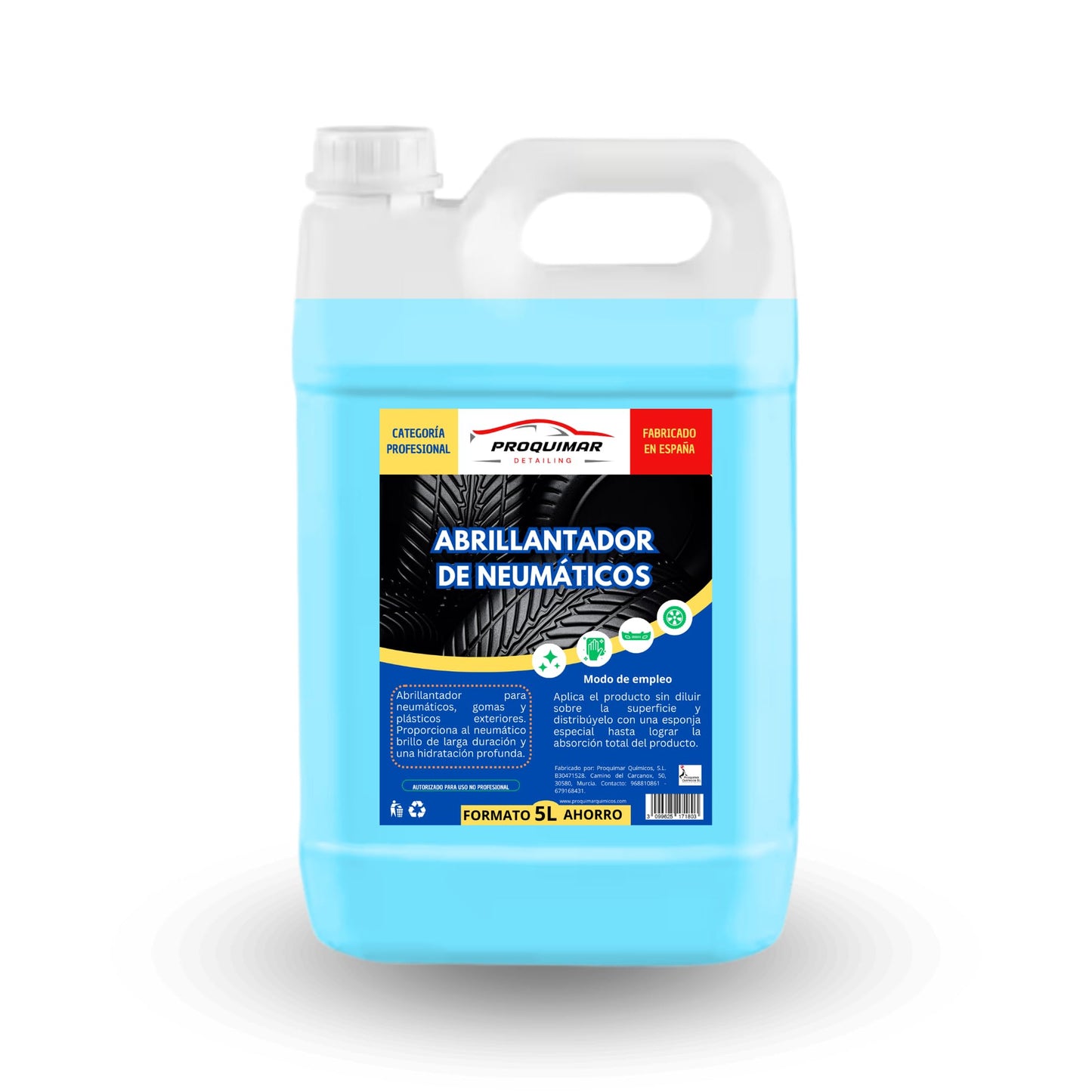 Proquimar | Abrillantador de Neumáticos Profesional - Efecto Brillo Húmedo y Protección - Fórmula Duradera y Antidesgaste - Fácil Aplicación - Garrafa 5L