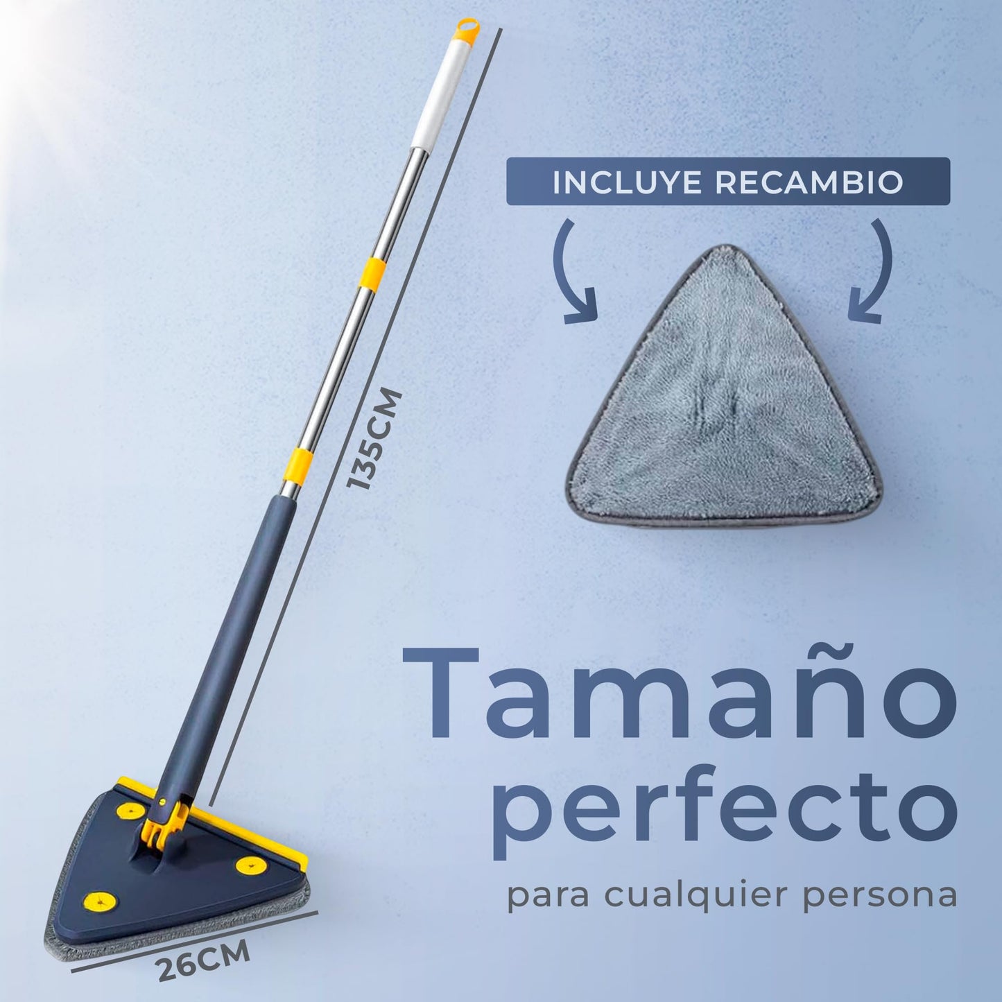 JUPPLIES Fregona Giratoria 360º Triangular Autoescurrible - Fregona Mopa para Limpiar Paredes y Azulejos - Fregona Muy Absorbente - Limpieza para Todo Tipo de Superficies (Mopa + 3 Recambios)