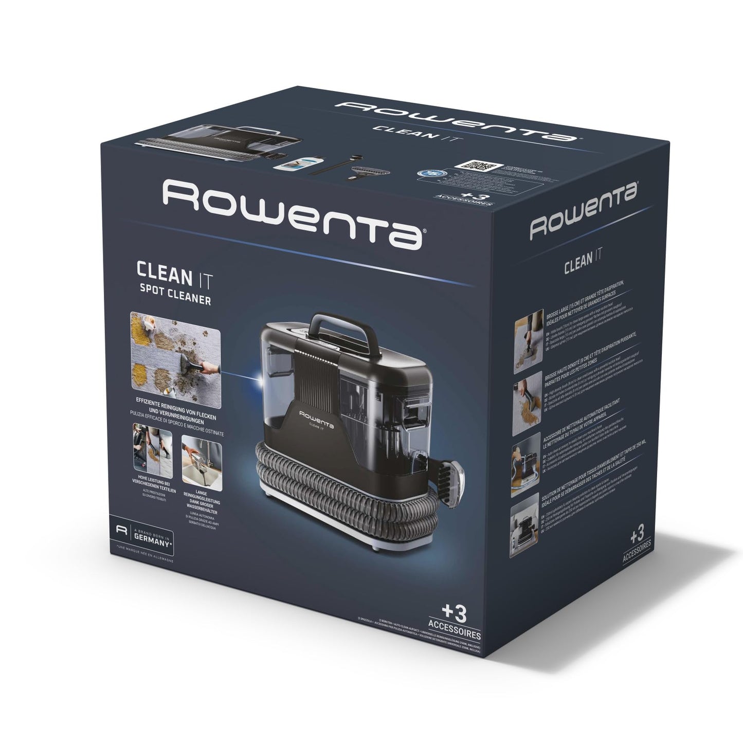 Rowenta Clean It, Aspirador de tapicerías multiuso, Gran depósito extraíble de 1,8 L de agua limpia y 1,5 L de agua residual, Diseño compacto, 12,5 kPa, 400 W, Autolimpieza, Blanco y Negro, IN5010