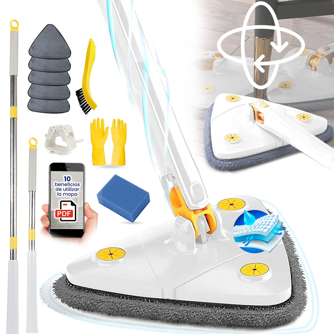 NOVARKA® SÚPER Pack Fregona Triangular Autoescurrible para Suelos, Azulejos y Techos Limpieza Premium | Mopa Triangular Giratoria 360° | Fregona Autoescurrible Multifuncional para Cocina y Baño