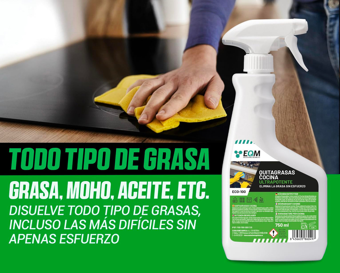 EQM - ECO-100 - Desengrasante Concentrado para Cocinas - 750 ML - Disuelve todo tipo de grasas, incluso las más rebeldes - Altamente eficaz - Superficies siempre limpias y cuidadas