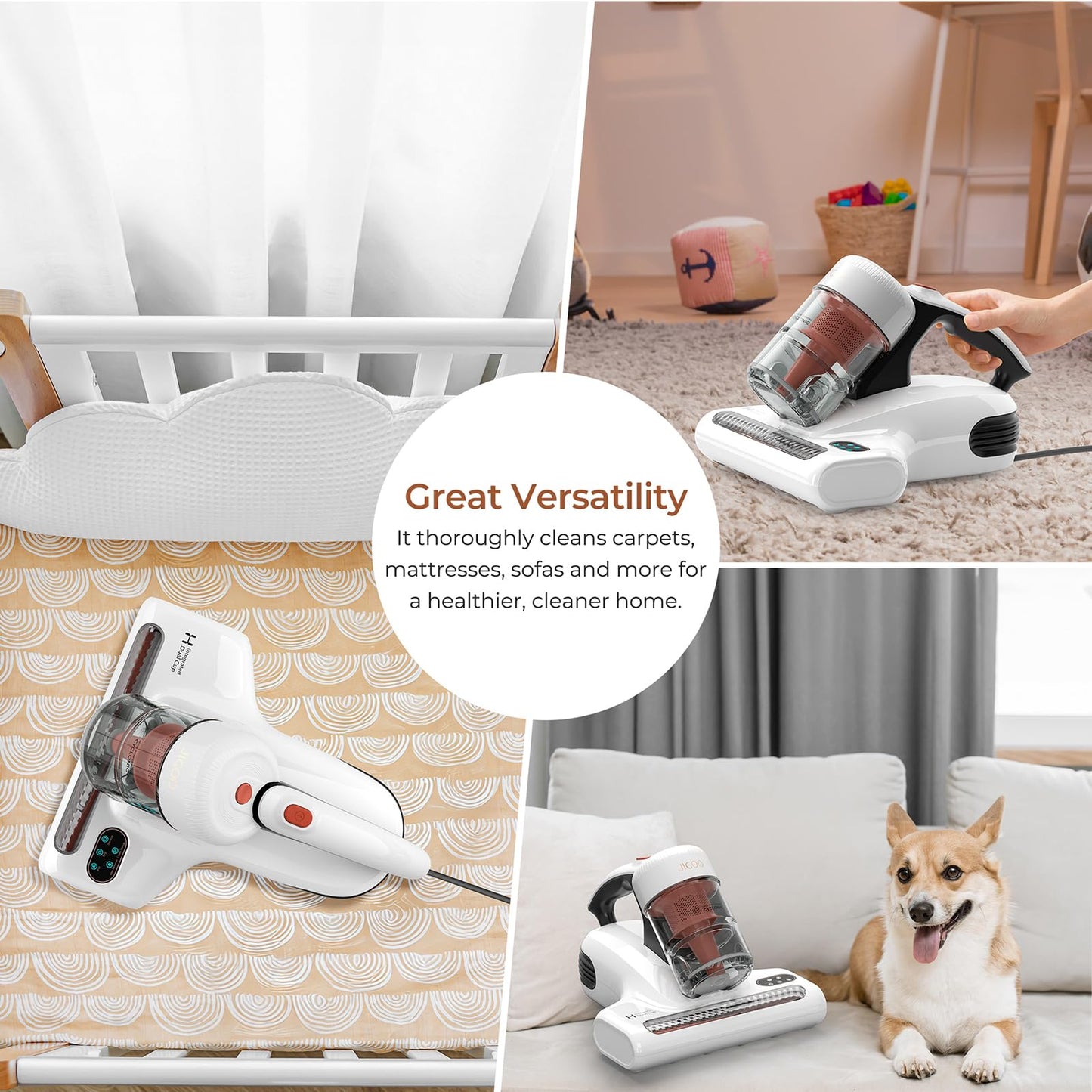 JIGOO Aspiradora de Ácaros con Sensor de Ácaros y Pantalla LED Inteligente, Aspiradora Antiácaros para Colchones con luz UV, Combate Las chinches, Elimina el 99,9% de los alérgenos, Especial Alergias