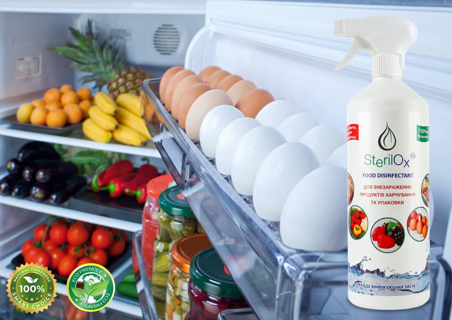 SterilOx, 1000 ml Desinfectante ALIMENTARIOl - Agente Desodorizante / 100% Natural/Para carne fresca, pescado, verduras, frutas, hierbas/Desinfección de huevos y envases/ácido hipocloroso