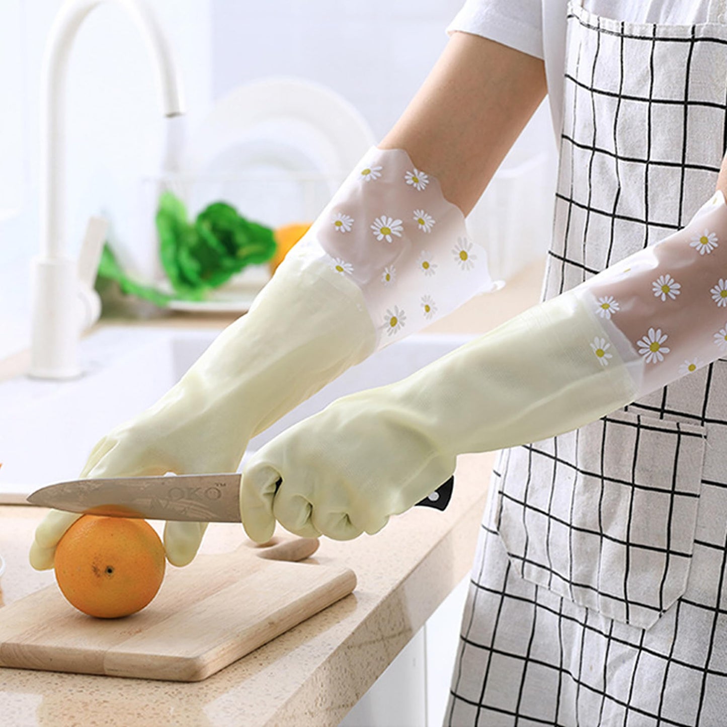 3 pares PVC Guantes de Lavado sin Látex, Forro de Algodón, Brazo Largo, Reutilizable para Lavar Platos Limpieza de la Cocina Hogar,Coche, Baño (Amarillo + Rosa + Azul)