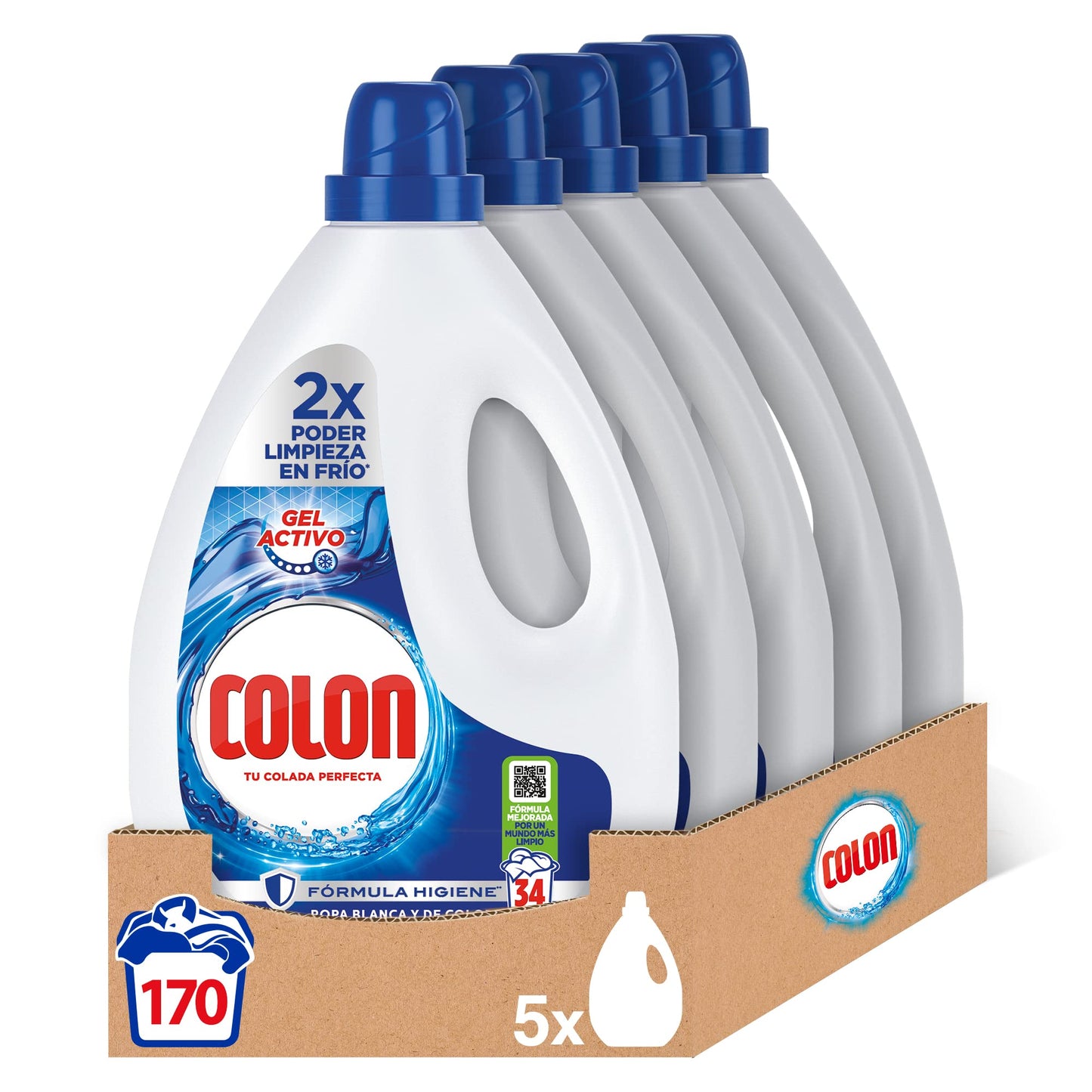 Colon Gel Activo - Detergente para lavadora líquido, fórmula higiene, adecuado para ropa blanca y de color, formato gel - pack de 5, hasta 170 dosis