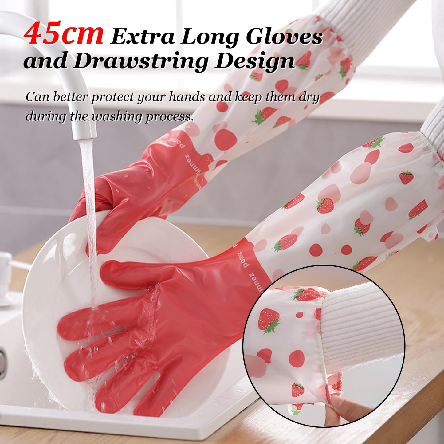 KASESSS 2 Pares Guantes Limpieza Reutilizables, Guantes Fregar con Forro de Algodón, Impermeables Guantes Limpieza Hogar Largos Sin Látex Guantes para Lavar Platos para Cocina Baño Coche