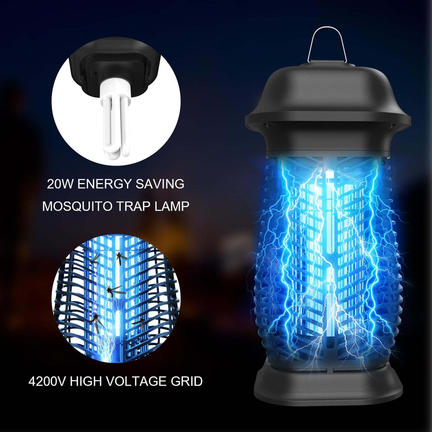 Oziral Lámpara eléctrica antimosquitos con Trampa para Insectos, 20W, 4000V, Cable de alimentación de 1,5 m y Gancho, Adecuada para Uso en Interiores