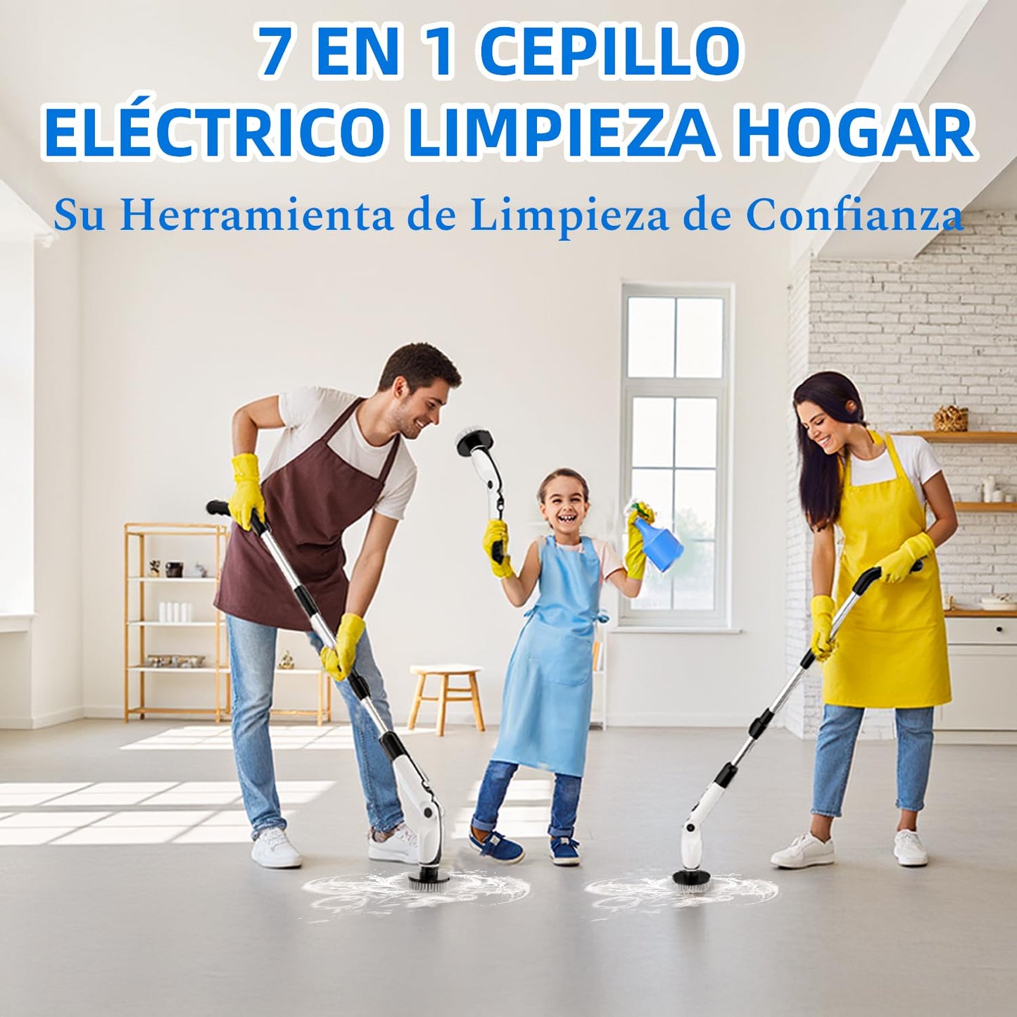 Cepillo Electrico Limpieza Hogar, Cepillo Limpieza Hogar con 4 Ángulos Ajustables, 7 Cabezales de Cepillo, 3 Opciones de Longitud, 90 Minutos de Autonomía, 2 Modos de Velocidad, para Baño, Suelo