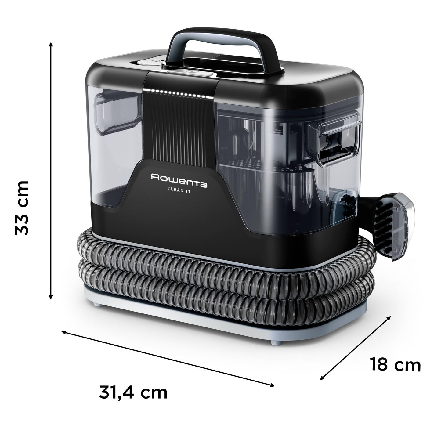 Rowenta Clean It, Aspirador de tapicerías multiuso, Gran depósito extraíble de 1,8 L de agua limpia y 1,5 L de agua residual, Diseño compacto, 12,5 kPa, 400 W, Autolimpieza, Blanco y Negro, IN5010
