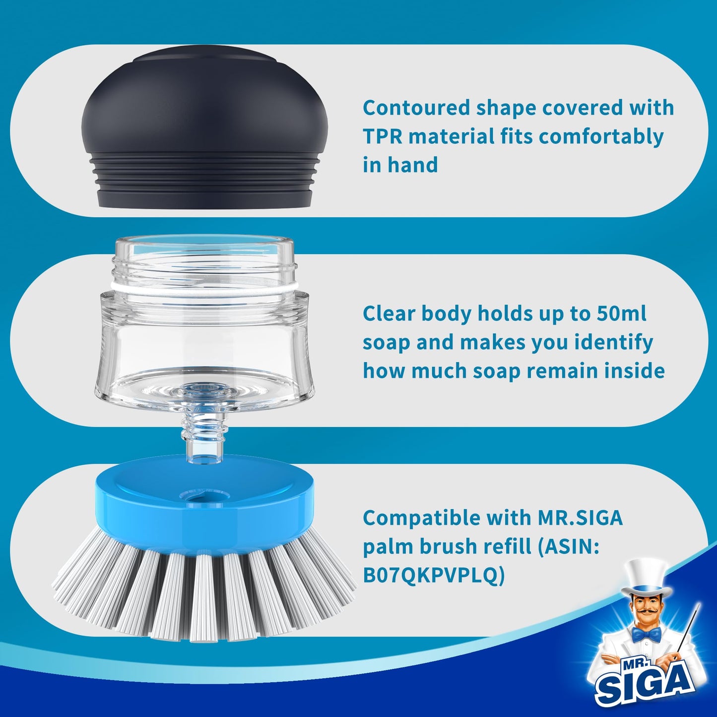 MR.SIGA Cepillo de Palma dispensador de jabón, Cepillo de Cocina para la Limpieza de fregaderos, Pack de 1, Azul Marino/Azul