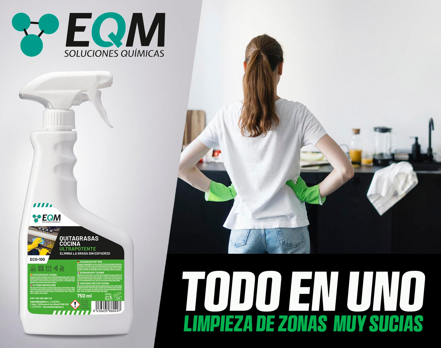 EQM - ECO-100 - Desengrasante Concentrado para Cocinas - 750 ML - Disuelve todo tipo de grasas, incluso las más rebeldes - Altamente eficaz - Superficies siempre limpias y cuidadas