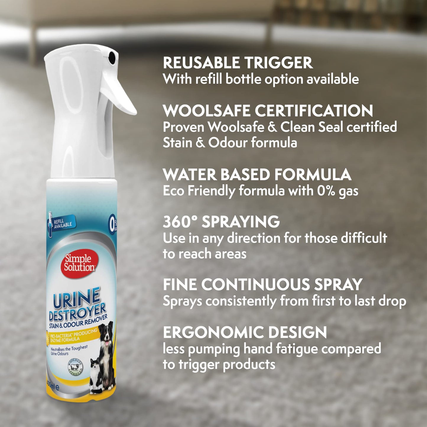 Simple Solution Nueva tecnología de pulverización, Destructor de orina Removedor de Manchas y olores para Mascotas con Poder de Limpieza Pro-bacterias - 400ml