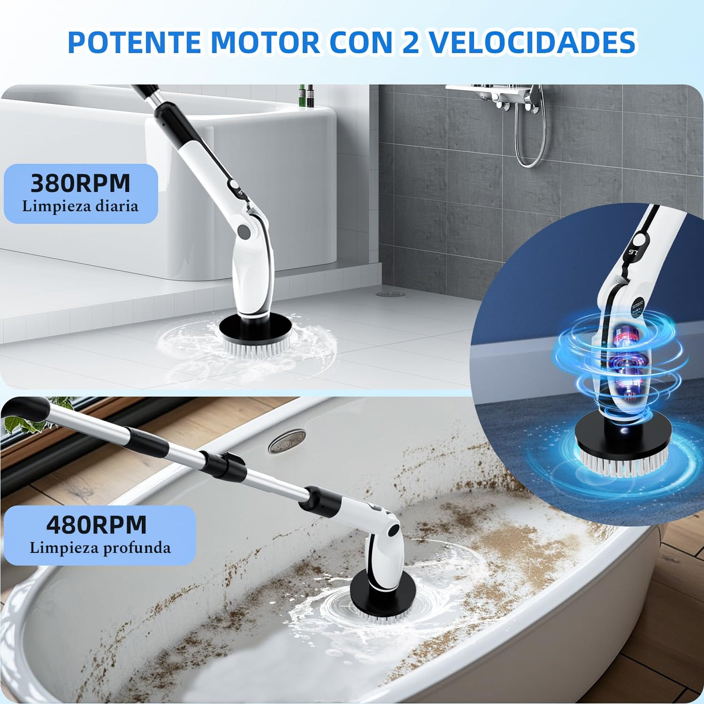 Cepillo Electrico Limpieza Hogar, Cepillo Limpieza Hogar con 4 Ángulos Ajustables, 7 Cabezales de Cepillo, 3 Opciones de Longitud, 90 Minutos de Autonomía, 2 Modos de Velocidad, para Baño, Suelo