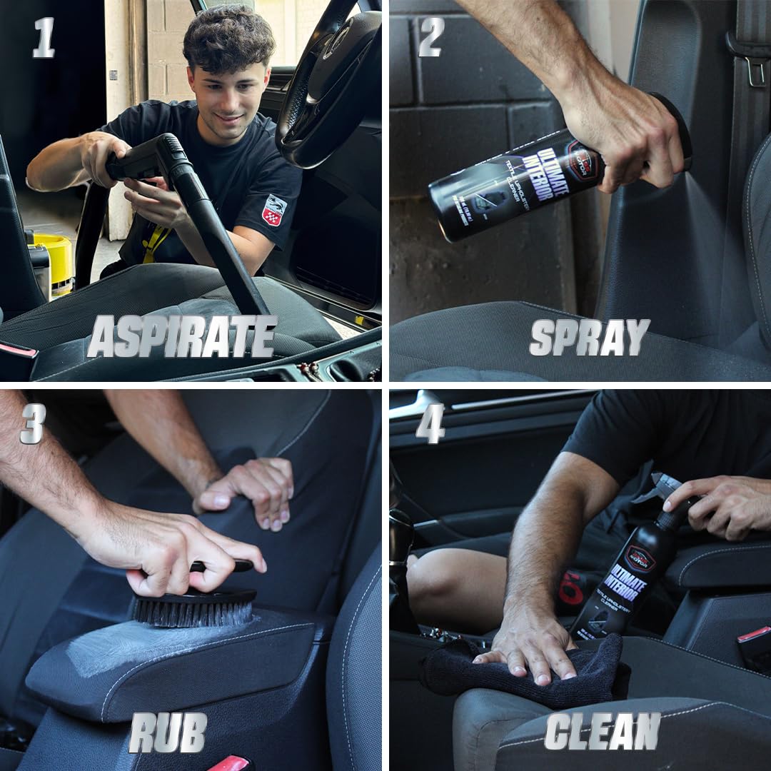 BassMotor Limpia Tapicería Textil para Asientos y Alfombrillas Coche, Limpiador Interior Tejidos de Coches con Cepillo Incluido Uso Fácil Aroma Fresco - Ultimate Interior 500ml + Cepillo