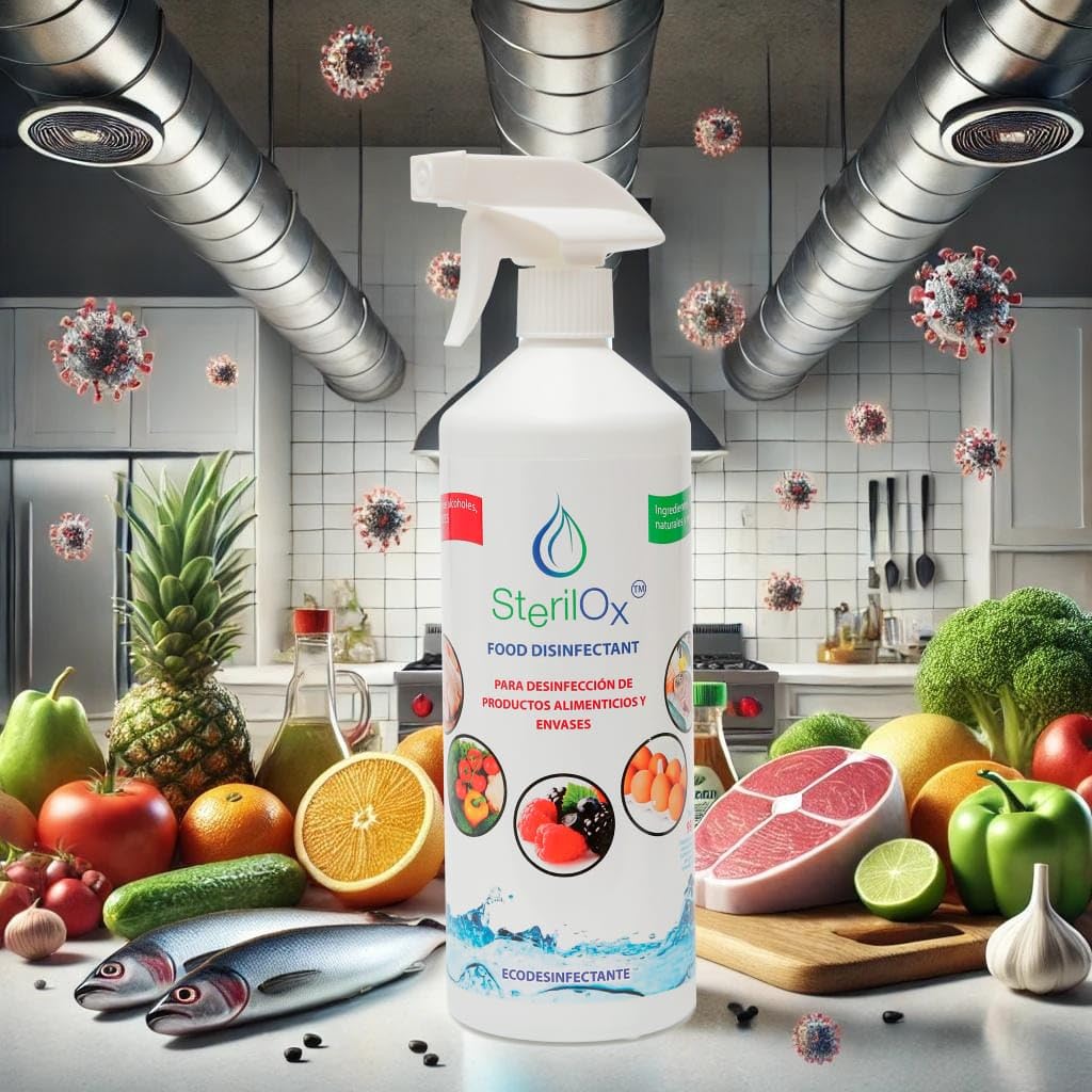 SterilOx, 1000 ml Desinfectante ALIMENTARIOl - Agente Desodorizante / 100% Natural/Para carne fresca, pescado, verduras, frutas, hierbas/Desinfección de huevos y envases/ácido hipocloroso