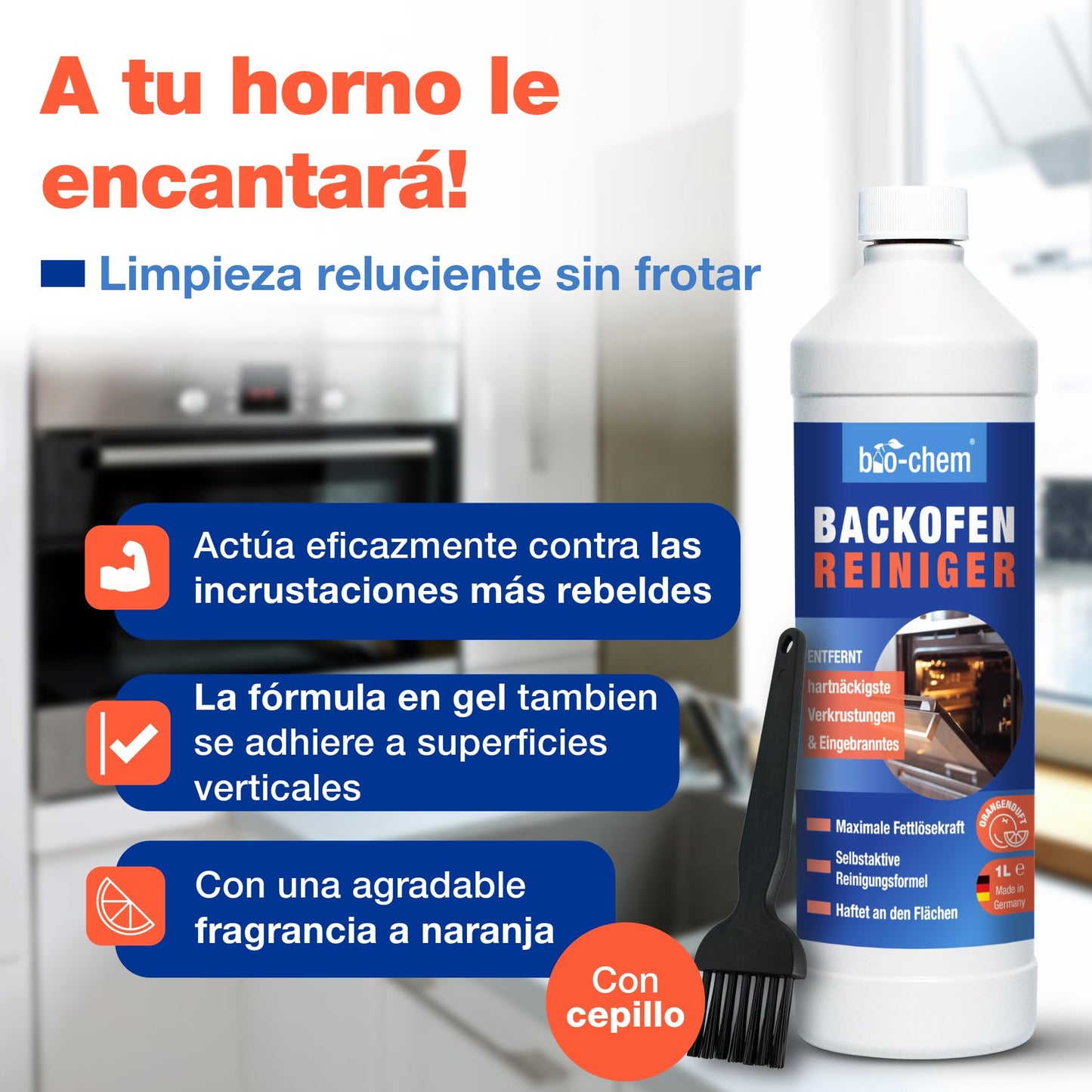 Bio-Chem - Gel limpiador de hornos 1L + cepillo - Productos para el hogar - Producto profesional para la limpieza de incrustaciones