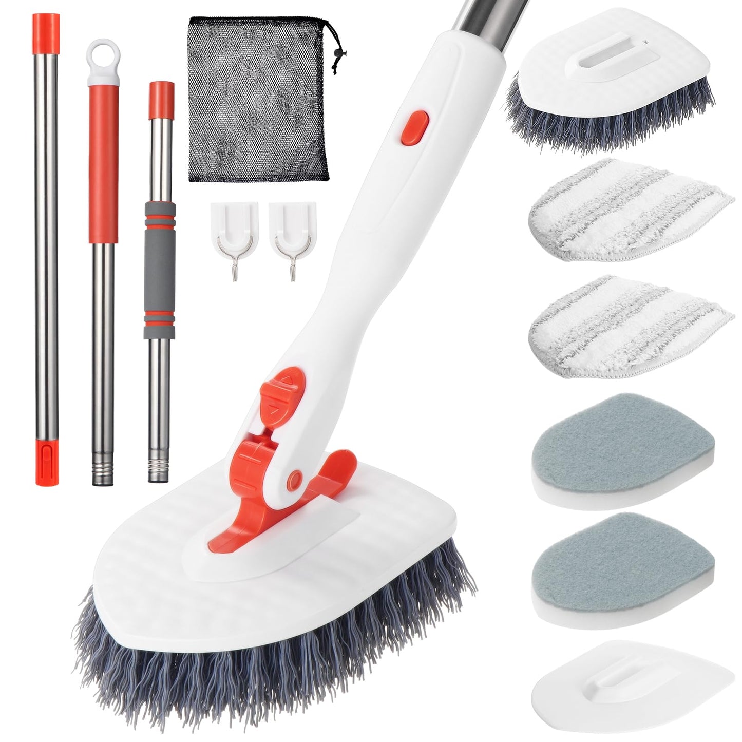 Roxanex Depurador de azulejos 3 en 1, 5 cepillos de limpieza, cepillo de limpieza de ducha mejorado para bañera, suelo, pared, cocina, baño, zócalo de coche, mango extensible de 130 cm de largo