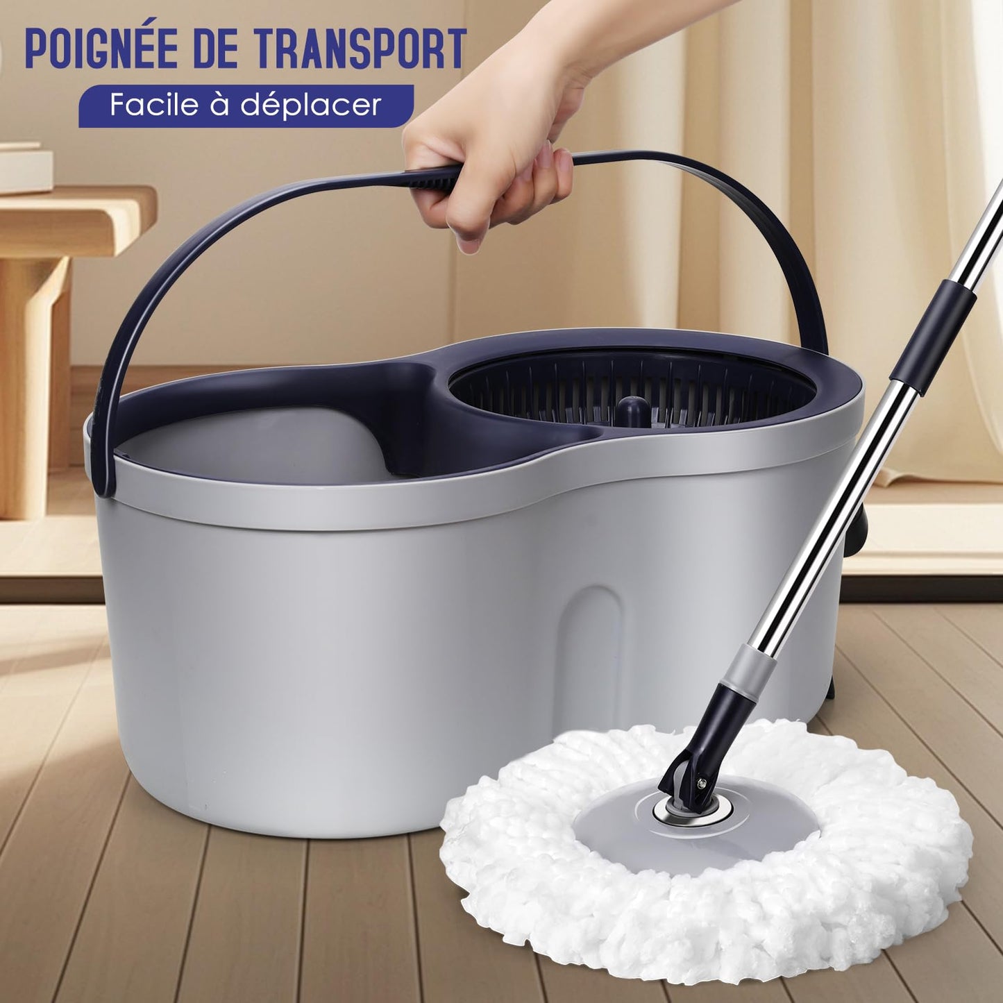 Eukue Juego de Fregona y Cubo, Fregona Mopa para Suelos giratoria con Pedal, 2en1 Cubo de Limpieza con Mop, Mopa Microfibra Rotatoria con 3 Almohadillas, para Madera Dura Laminado, Gris