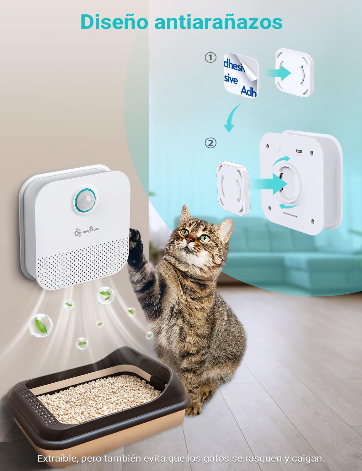 DownyPaws Desodorante para Arena para Gatos, desodorización Batería de 14 días de duración para Caja de Arena para Gatos