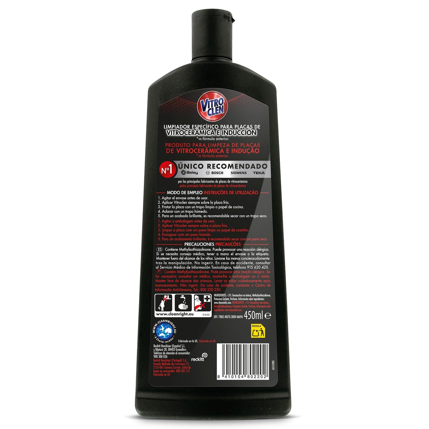 Vitroclen Limpiador de Vitrocerámica en crema, Acción protectora y desengrasante, 450 ml