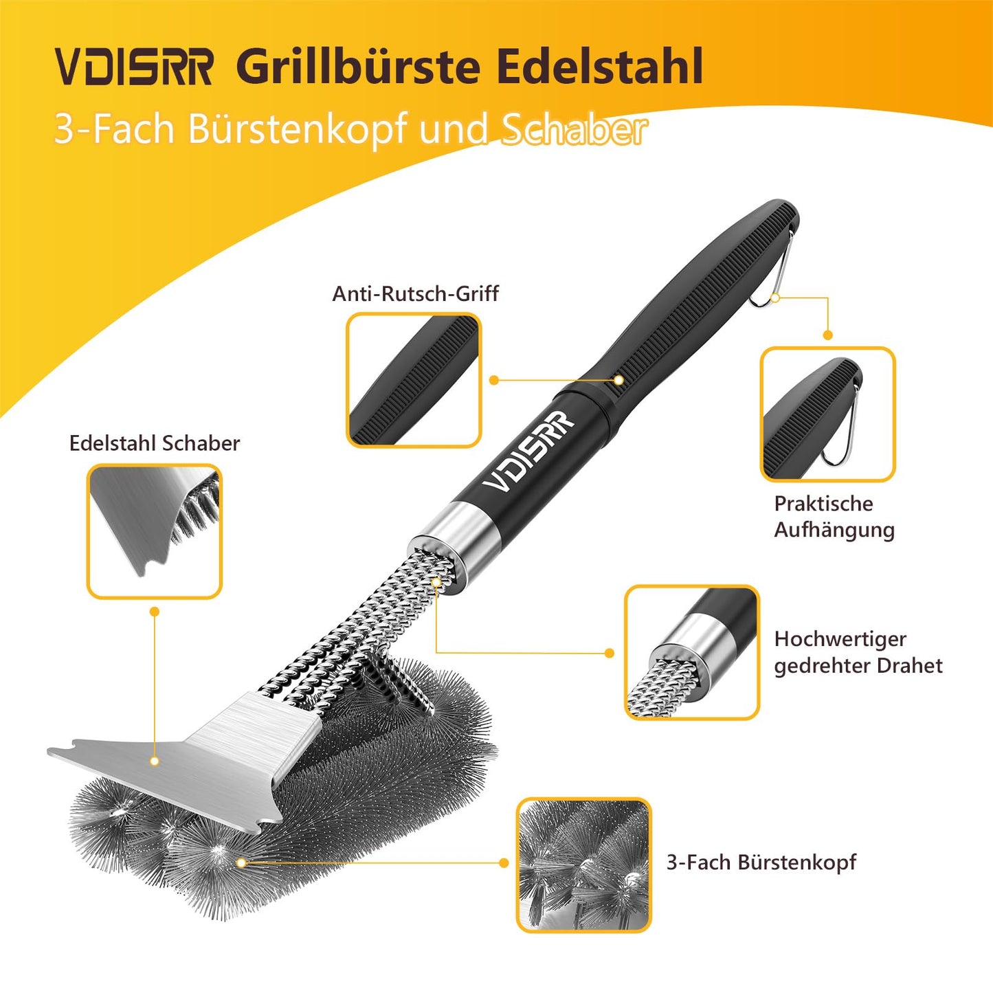 VDISRR Cepillo para Parrilla con raspador de cerdas de Acero Inoxidable, Cepillo para Parrilla de 18"Accesorios para Parrilla para Porcelana, carbón, Gas, Parrilla eléctrica, para Regalo para Hombres