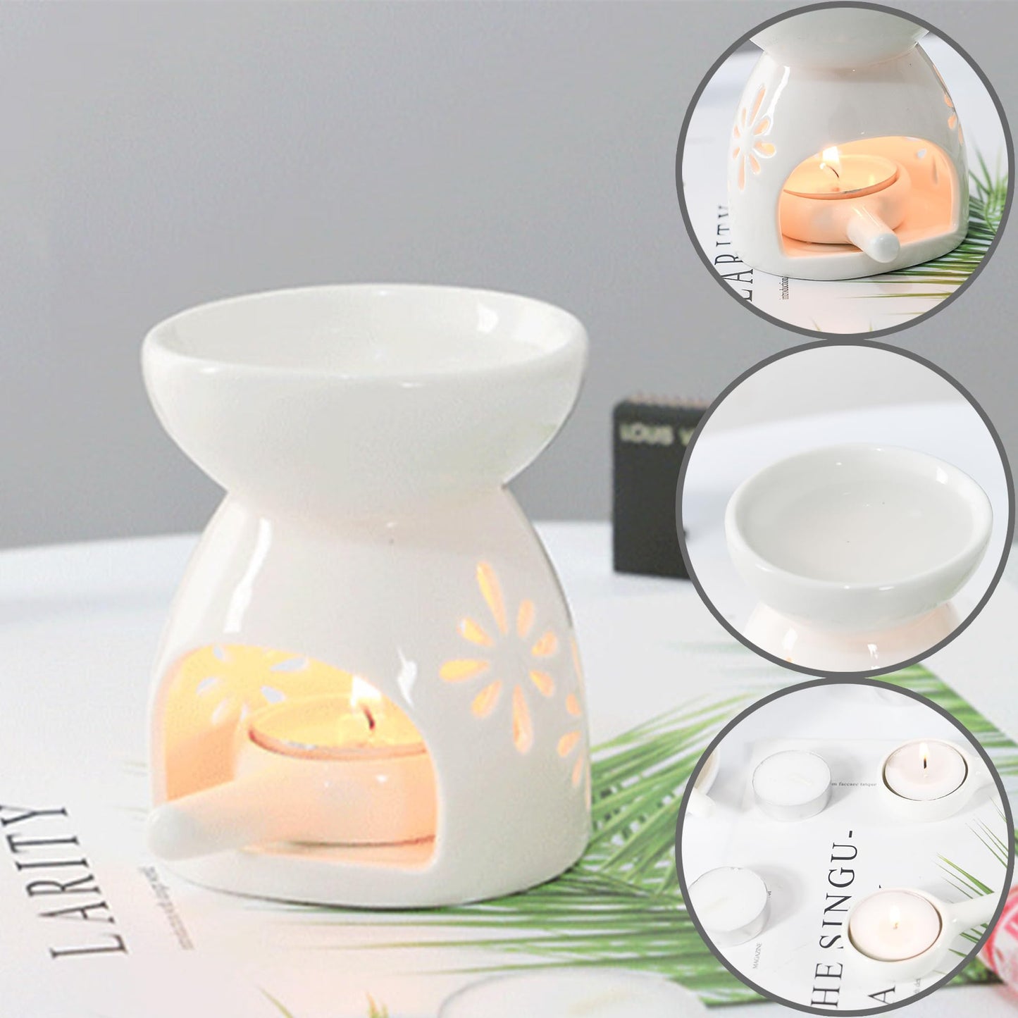 XFLYP Quemador Aceites Esenciales con Cuchara de Velas, Lámpara Perfumada de Noche, Horno de Aceite de Esencia de Cerámica para Dormitorio, Sala de Estar, Oficina, Hotel