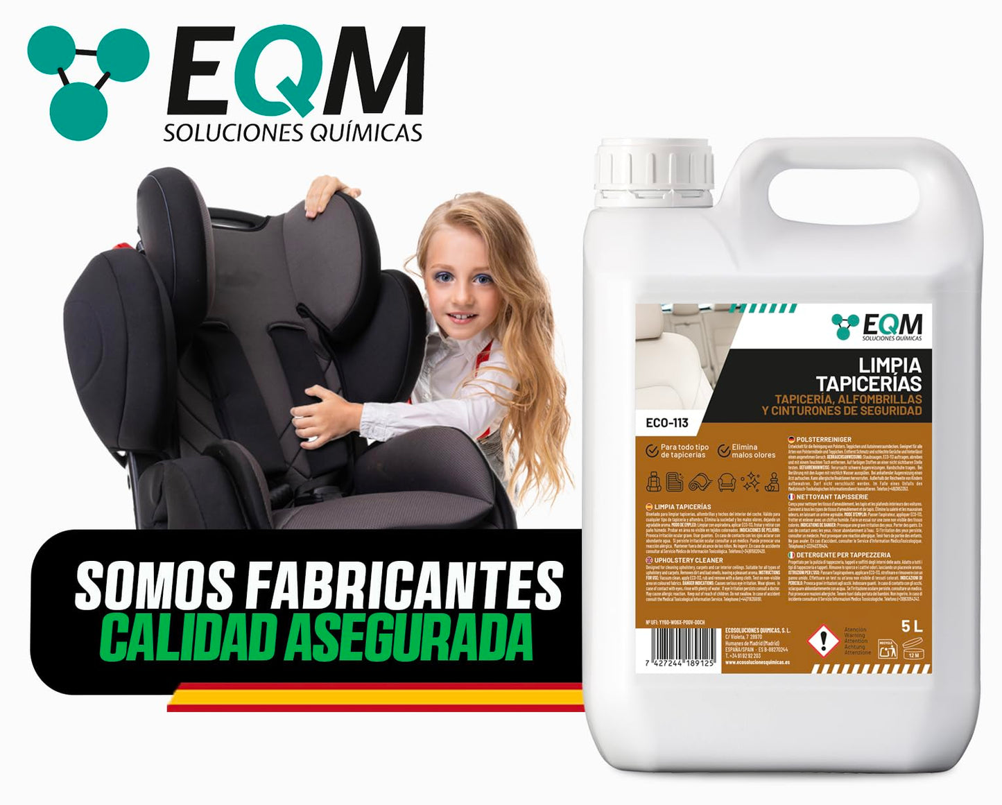 EQM - ECO-113 - Limpia Tapicerías Coche Profesional - 5L - Tela, Cuero y Alcantara - Elimina Manchas y Malos olores - Ideal para alfombras, tapicerías, moquetas, Cinturones de Seguridad
