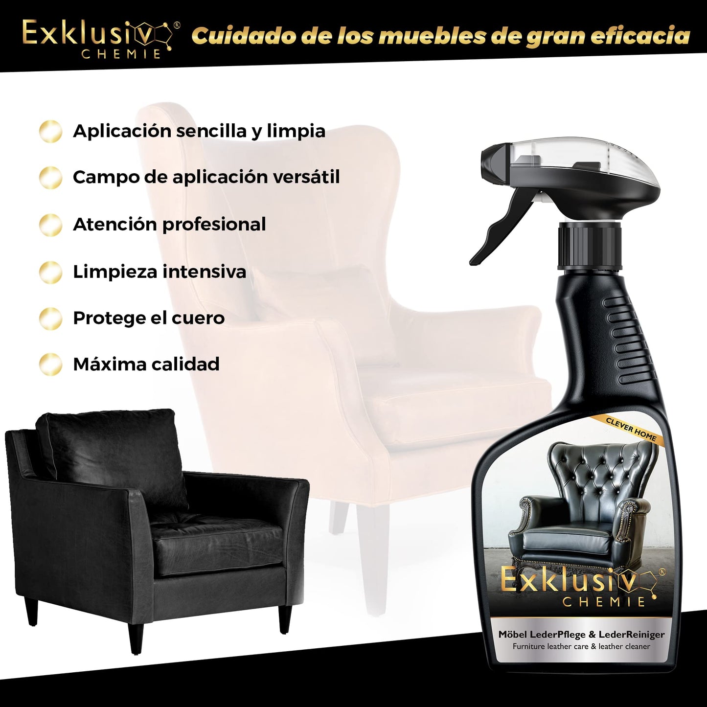 Exklusiv Chemie® Cuidado y Limpieza del Cuero de los Muebles | Cuidado de los Muebles | Cuidado del Cuero | Pulido del Cuero para Muebles de Cuero, sofás de Cuero y sofás | 500 ml