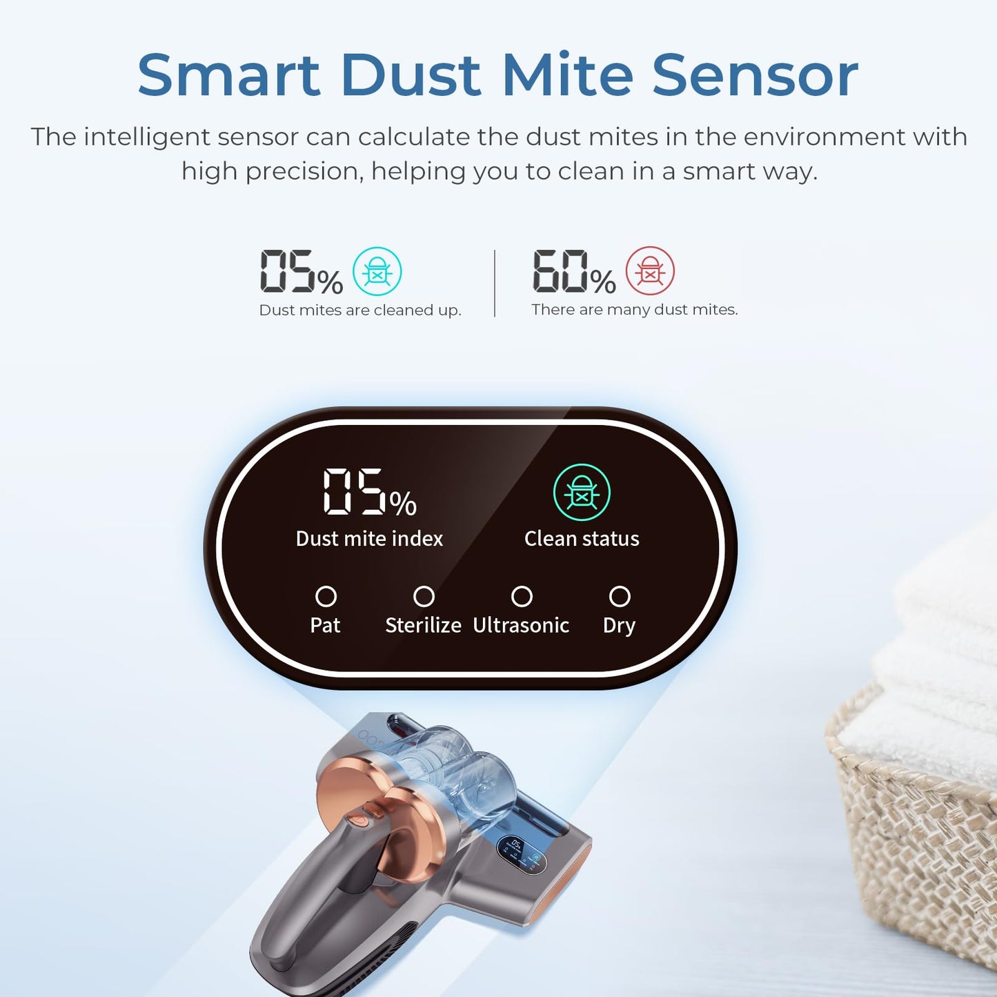 JIGOO S300 Pro Aspirador de Ácaros con Sensor de Ácaros y Pantalla Digital, 500W Aspiradora antiácaros con Luz UV, 13KPa de succión, para Alergias, Elimina alérgenos en colchones, Camas y sofás