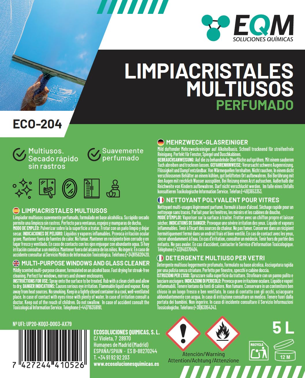 EQM - ECO-204 - Limpiacristales Multiusos Profesional - 5L - Limpieza Rápida, Sin Rastros Ni Marcas - Aroma fresco y envolvente