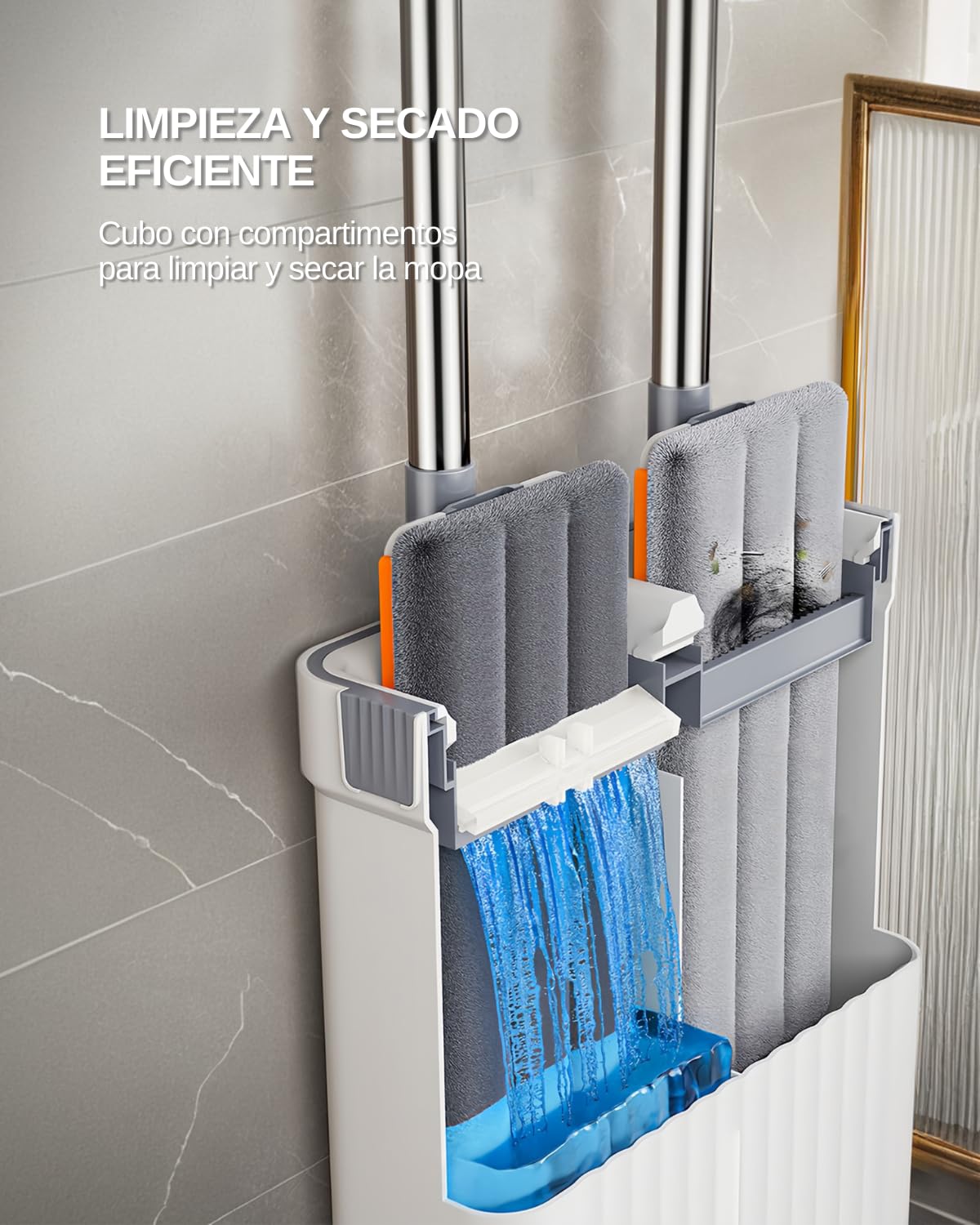 Mopa para Limpiar Azulejos Paredes Suelos Palo Largo Fregona Mopa con Cubo Escurridor Fregona Plana Mopa Cubo con 6 Almohadillas Autoescurrible Madera Parquet Ventanas Mop Bucket Trapeadora