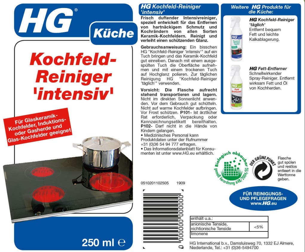 HG Limpiador de vitrocerámica extrafuerte y eficaz, elimina fácilmente la suciedad, quemados y bordes de cocción, apto para placas de inducción, vitrocerámica, cocinas eléctricas y de gas, 2 X 250 ml