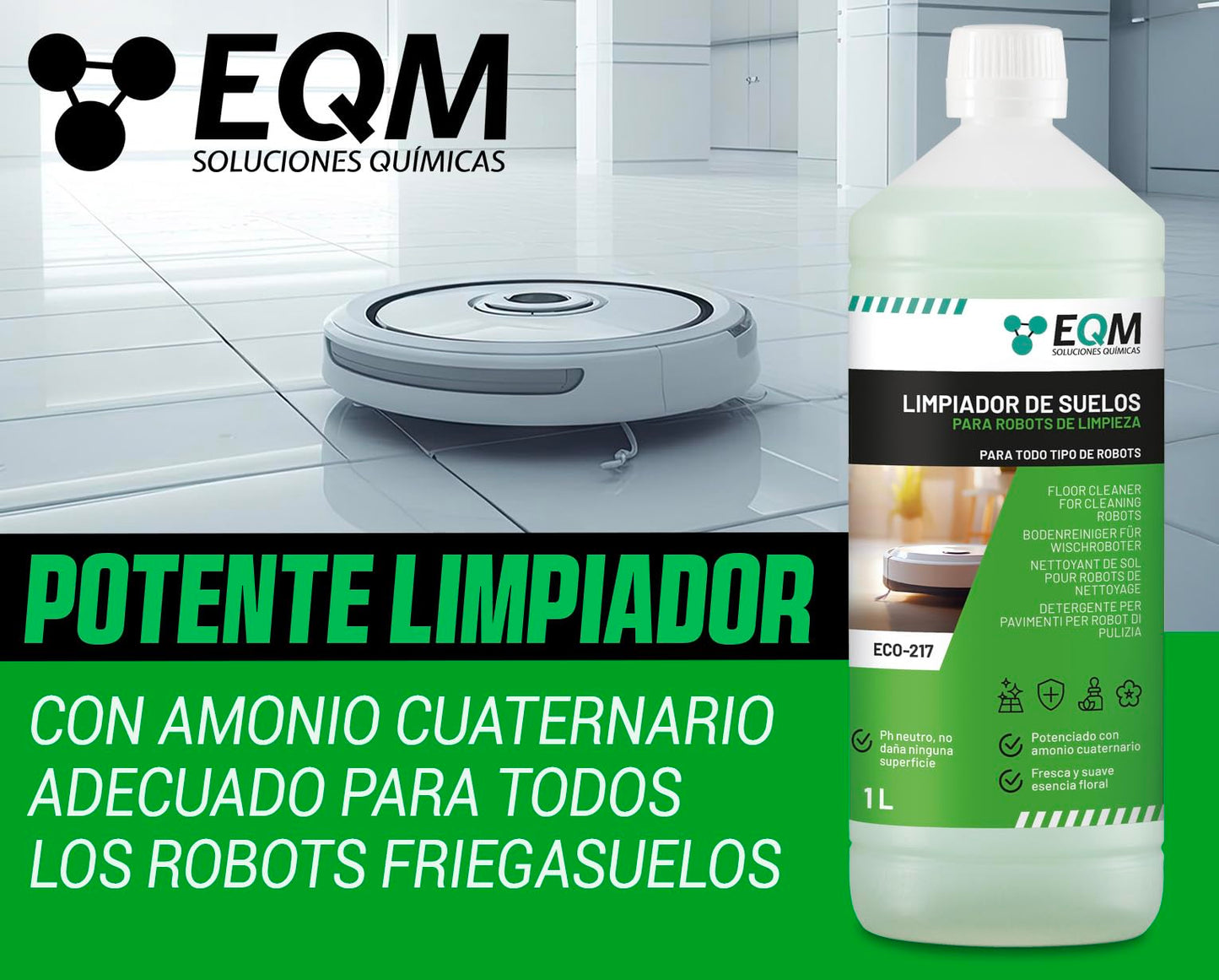 EQM - ECO-217 - Limpiador de suelos para robots de limpieza - 1L - Válido para cualquier superficie gracias a su pH neutro - Agradable aroma floral