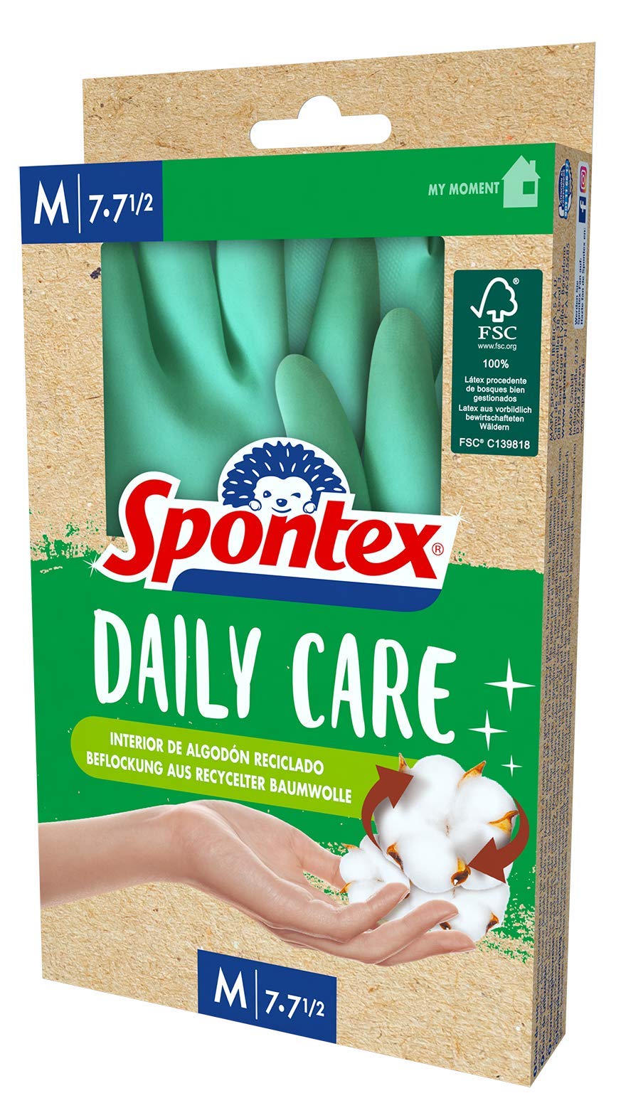 Spontex Daily Care - Guantes de látex 100% aprobado por el FSC, forro de algodón reciclado, para todo tipo de tareas de limpieza y cuidado, talla M (7-7,5)